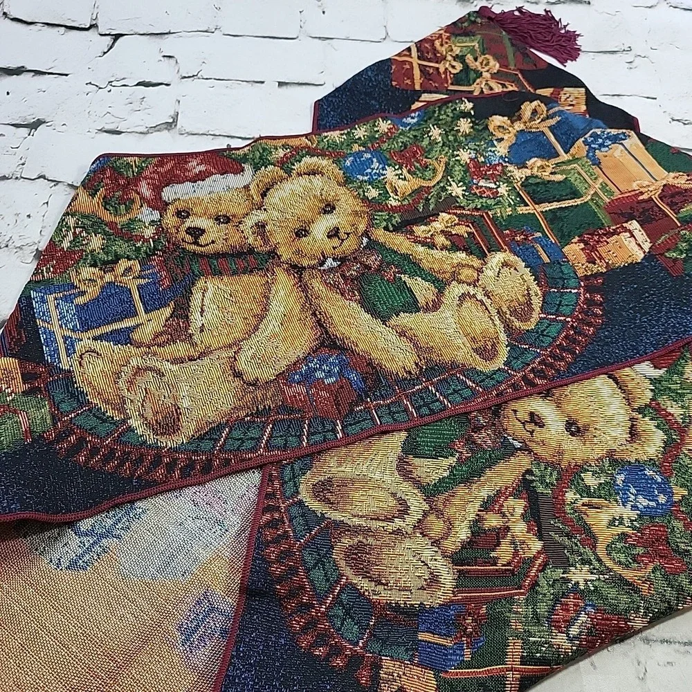 Holiday Table Runner‎ Christmas Presents Teddy Bears 2 Yards Long Woven Tassels